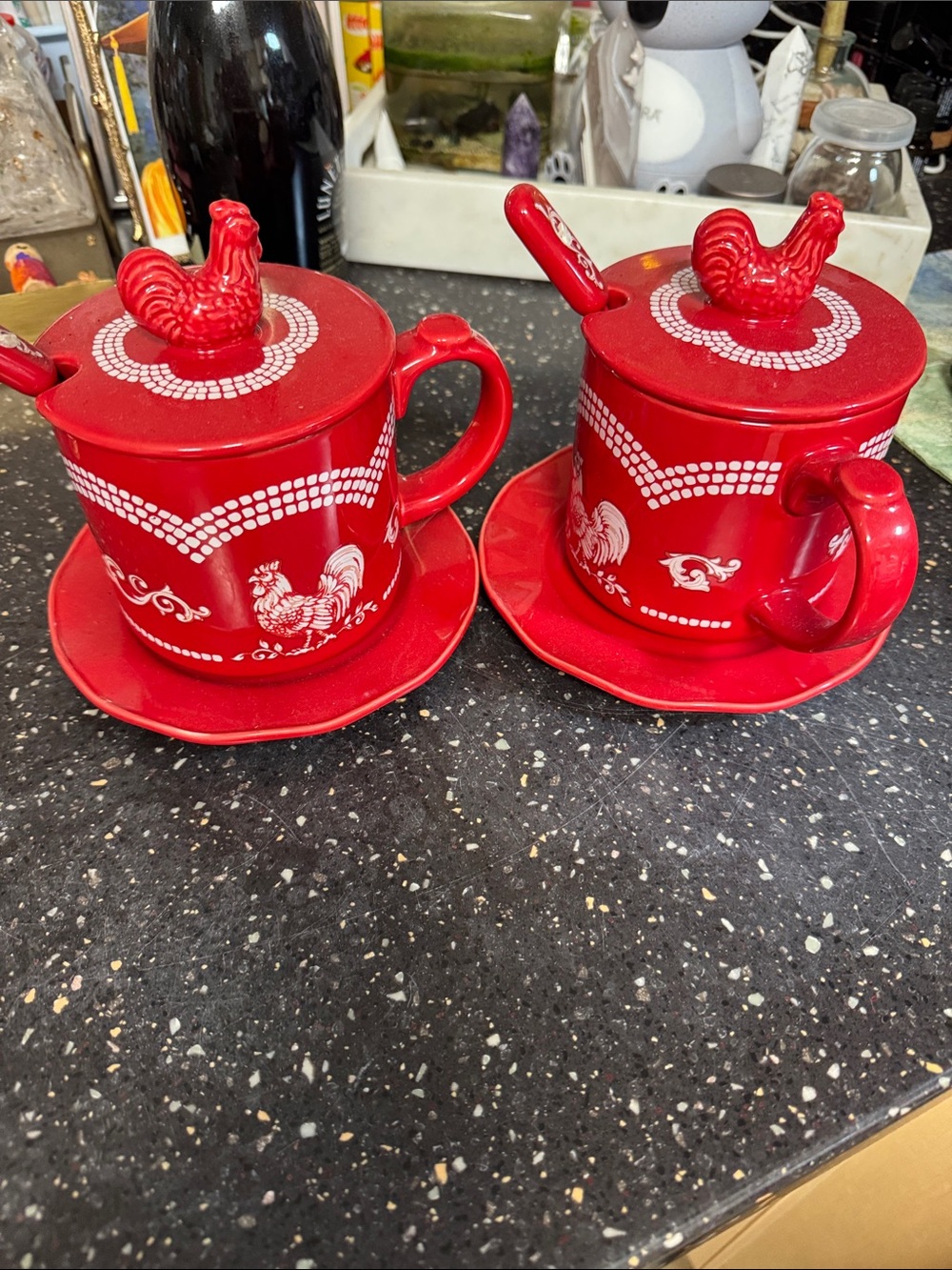 Temptations Red Rooster Ceramic Tea Cup Set with Lids, Spoons & Saucers